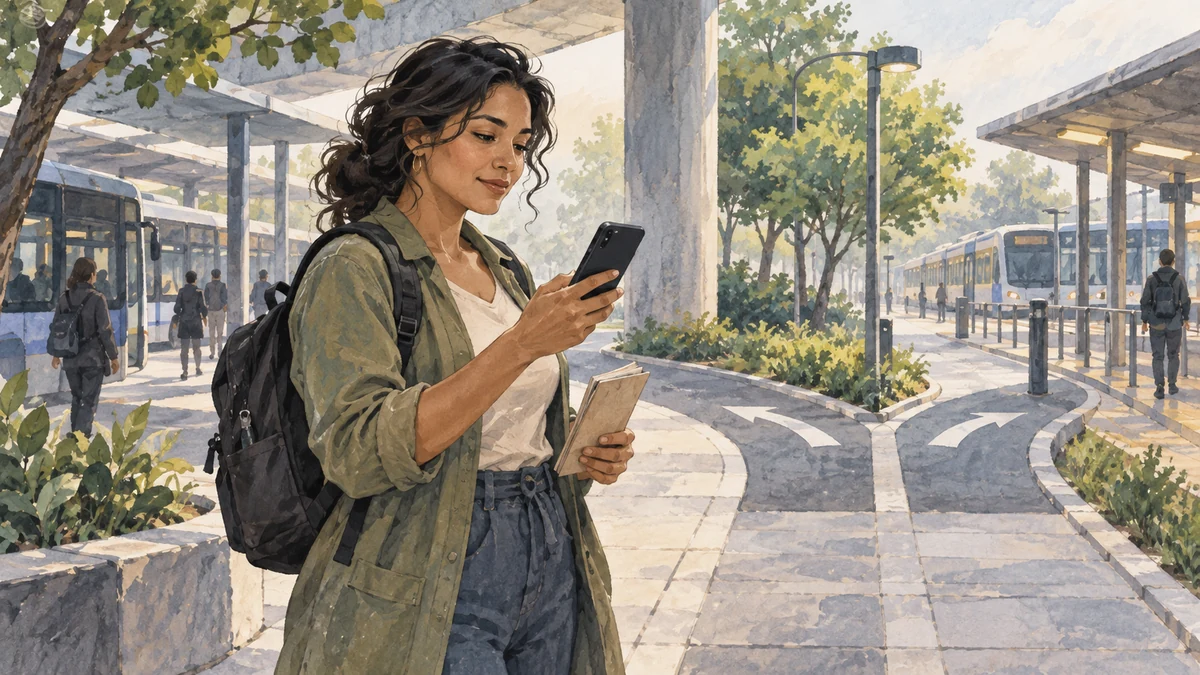 Solo traveler checks a route at a city transport interchange before choosing how to get around