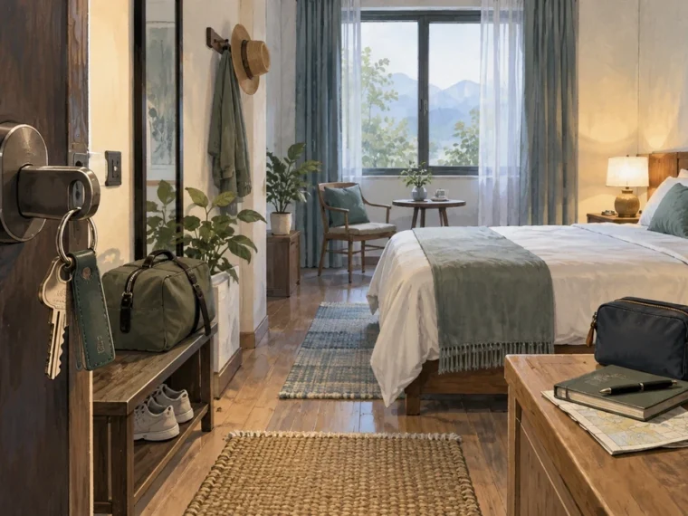Generic accommodation room prepared as a practical base for a solo traveler, with keys and bedside essentials.