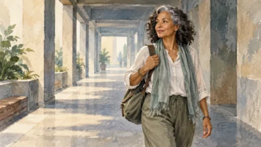 Woman over 50 with a day bag pauses on an open travel path, showing calm self-trust and a considered pace.