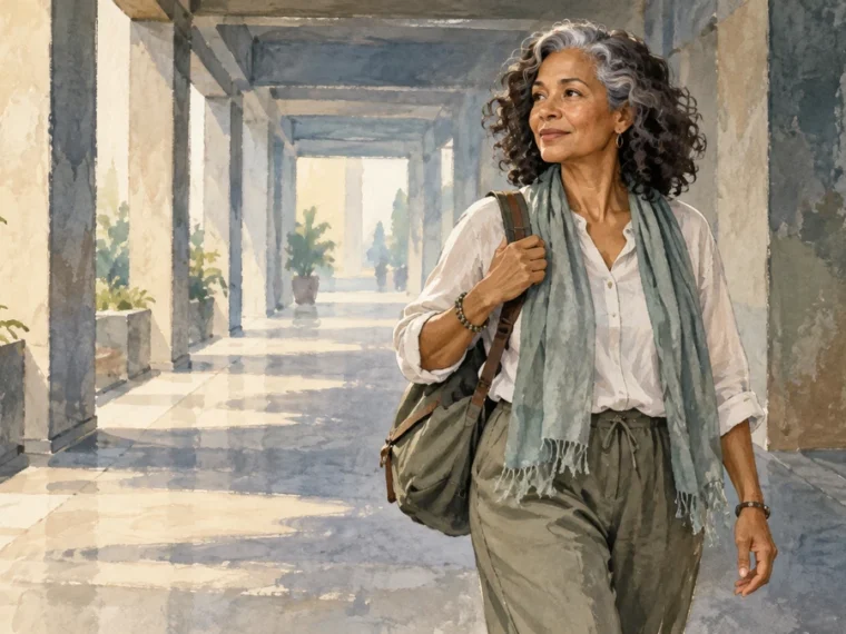 Woman over 50 with a day bag pauses on an open travel path, showing calm self-trust and a considered pace.