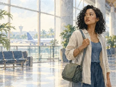 Solo woman traveler pauses in a calm airport terminal, showing agency and awareness.