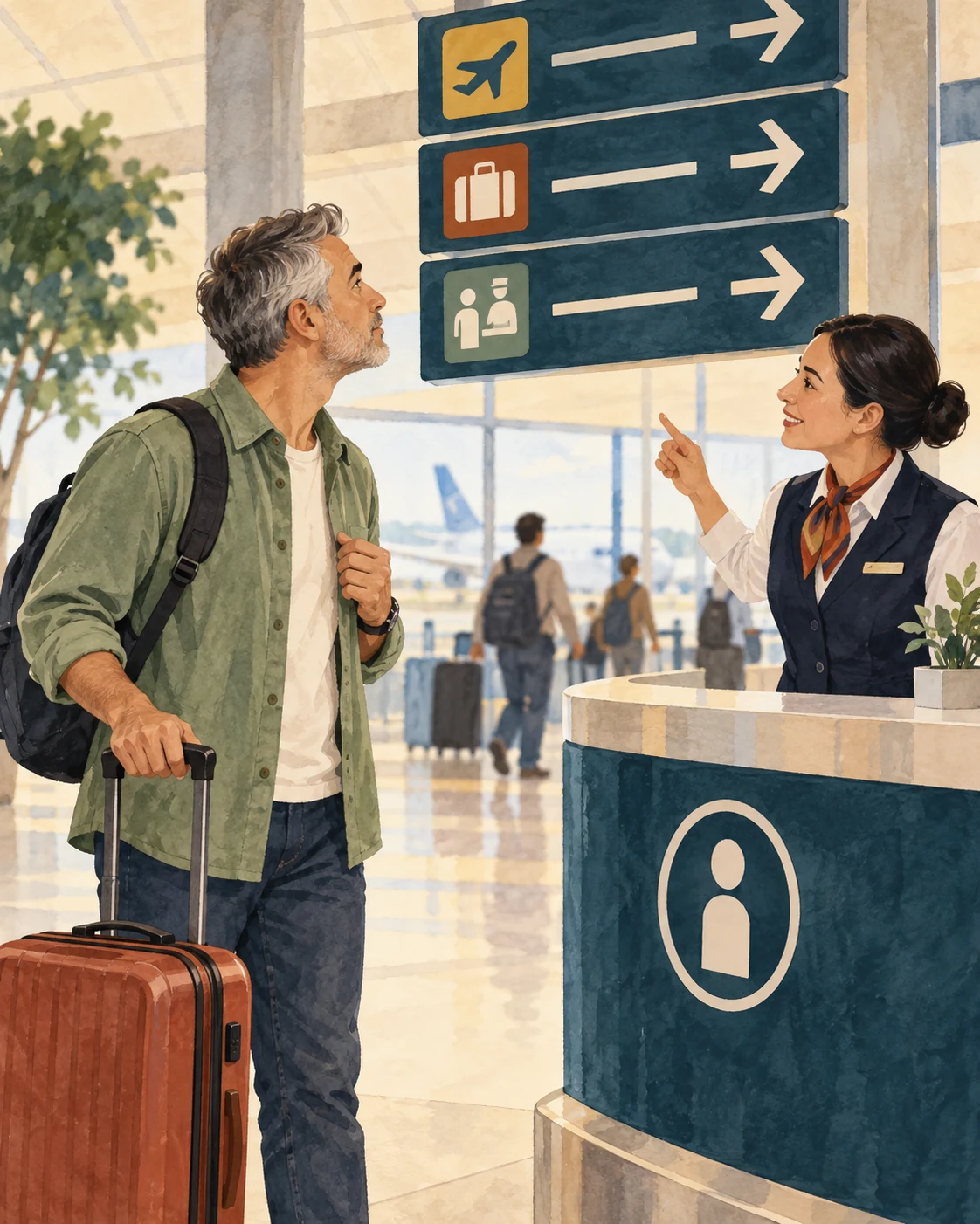Carry-on arrival preparation field with document sleeve, address card, charger, map note, and transfer token.
