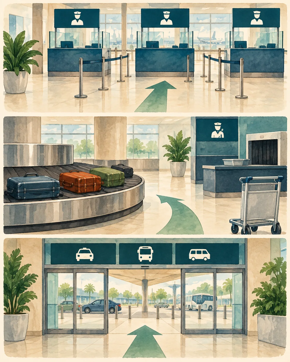 Three-panel airport checkpoint progression through immigration, baggage collection, and customs toward the arrivals exit.