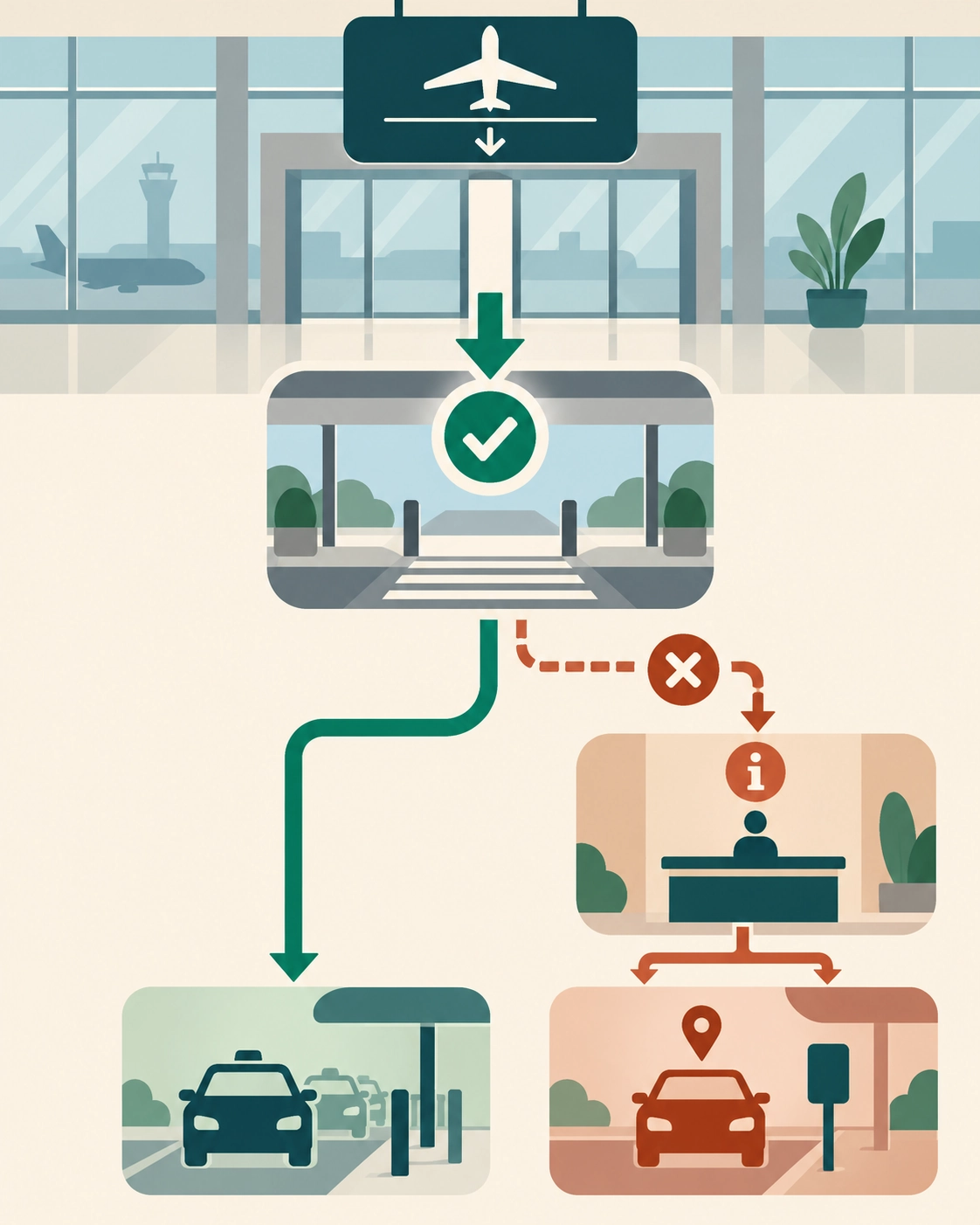 Airport transport handoff flow from correct exit to confirmed ride with a staffed fallback branch.