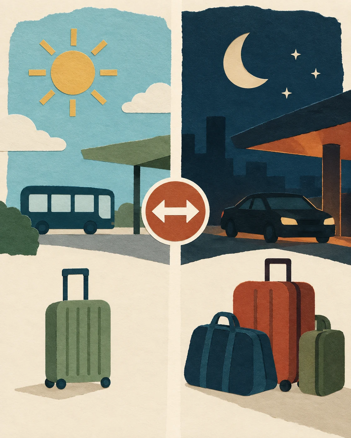 Comparison of six airport transfer modes by cost, time predictability, luggage fit, and verification needed.