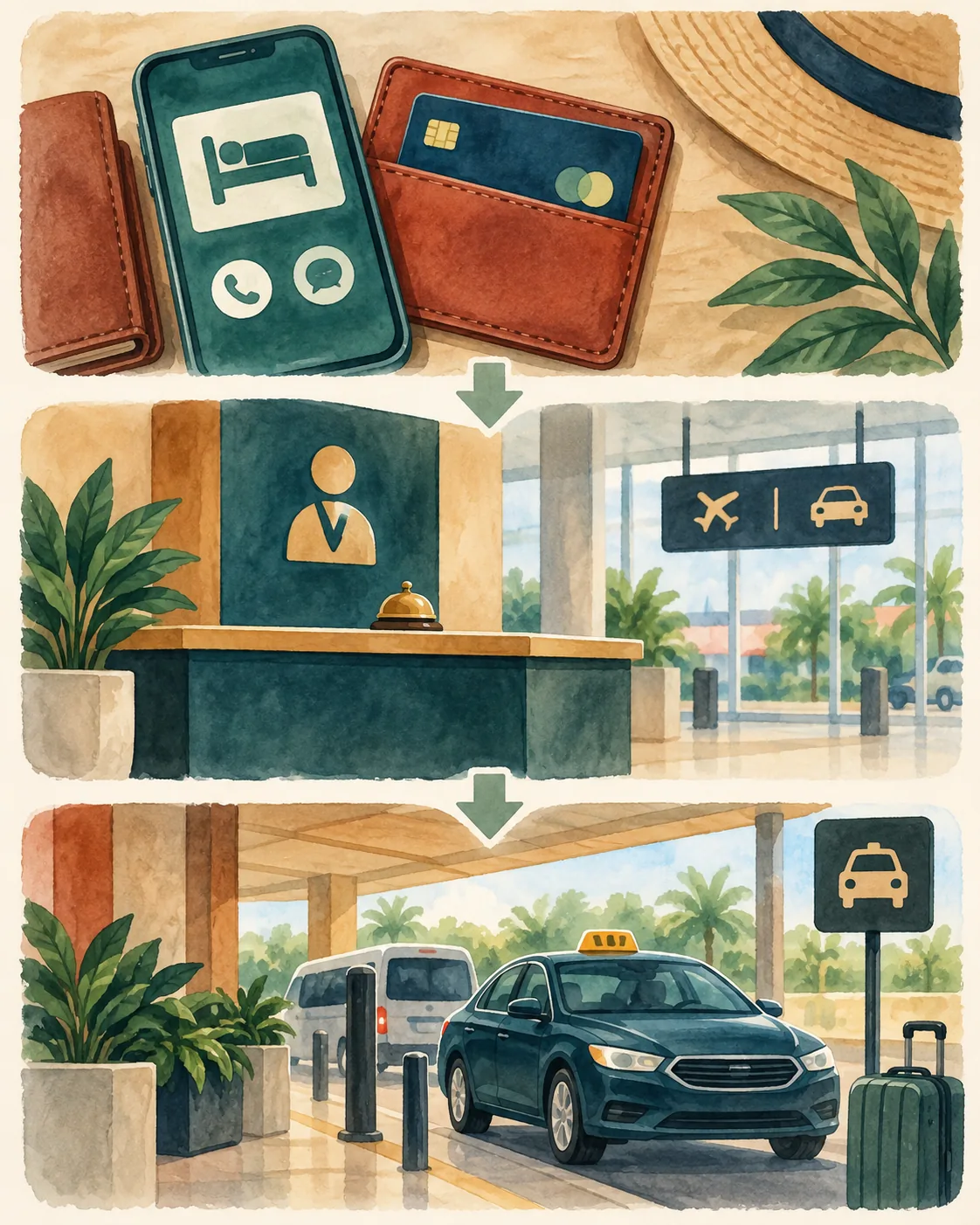 Older solo traveler at a public airport meeting point checking a prebooked pickup before entering.