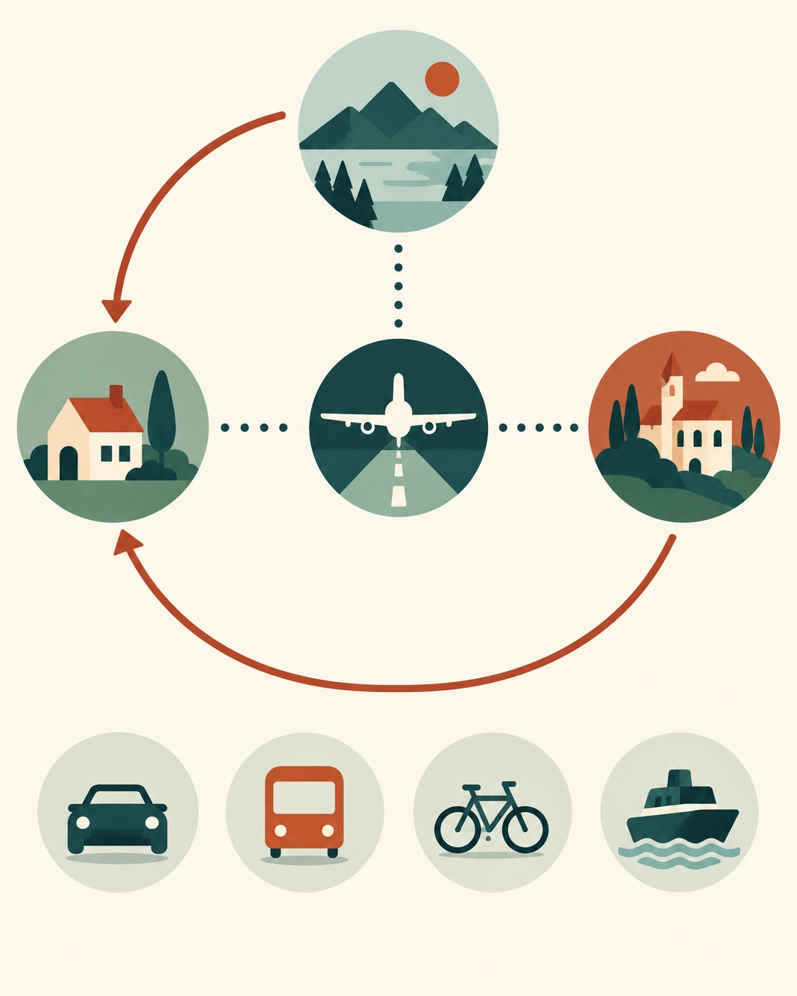 Conceptual daily movement map linking accommodation, arrival point, anchor points, and return route.