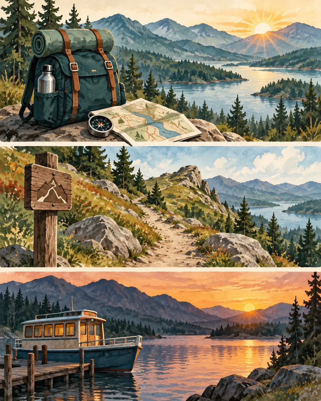 Three-panel city day progression from primary transport to changed conditions and a planned ride home.