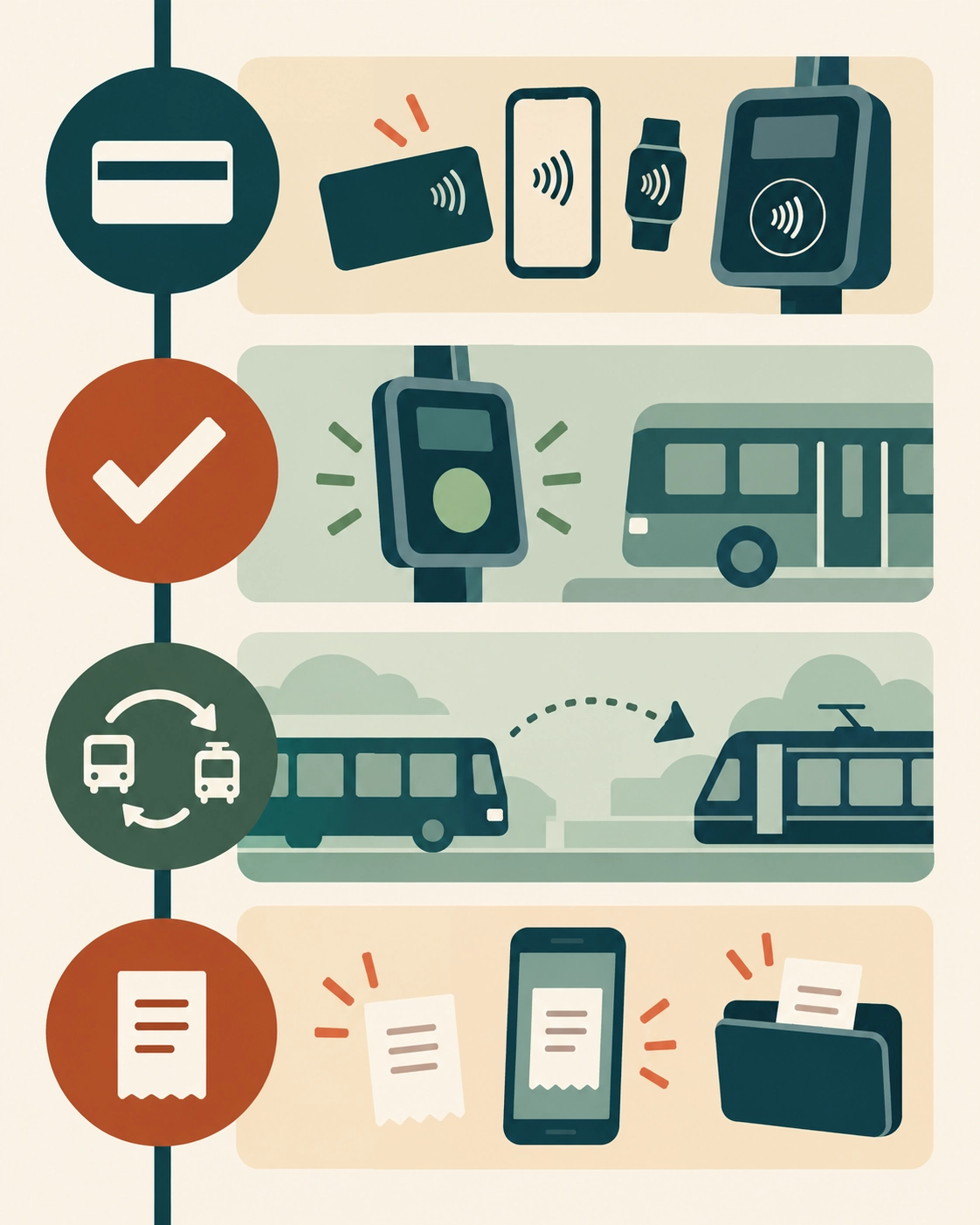 Public-transit fare and payment check sequence covering payment, validation, transfer, and proof of payment.