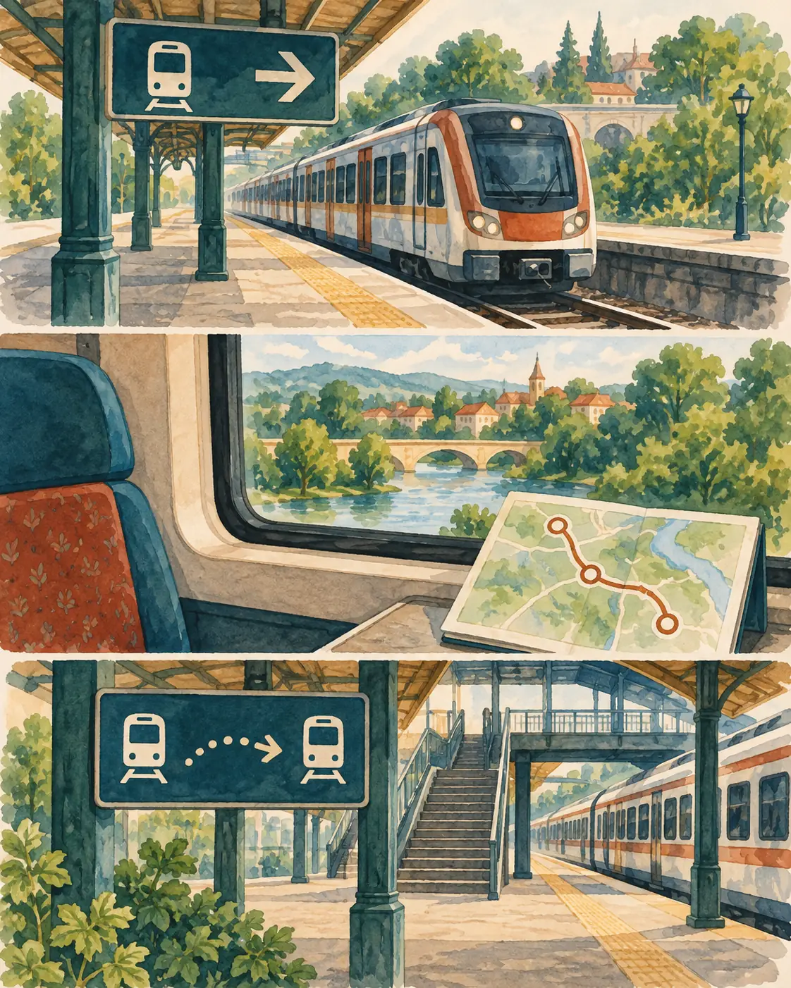 Three-panel public-transit first-ride sequence from platform check to stop tracking and transfer preparation.