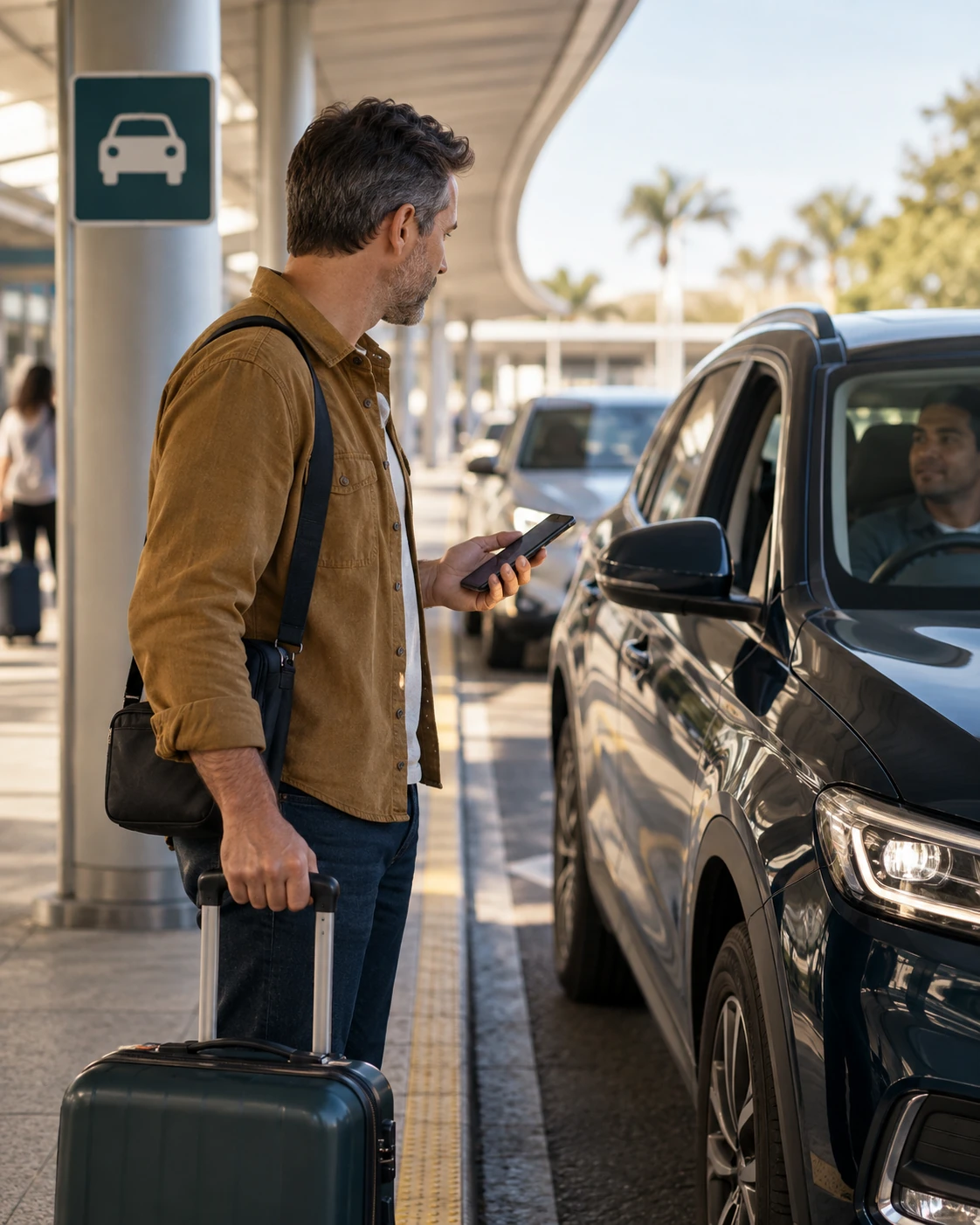 Adult solo traveler checking an unbranded booked vehicle at a designated public pickup zone.