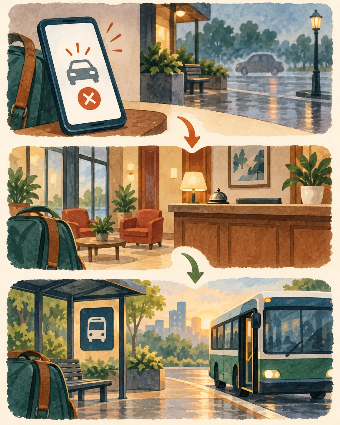Three-panel ride-hailing recovery sequence from cancelled request to staffed public fallback and new transport option.
