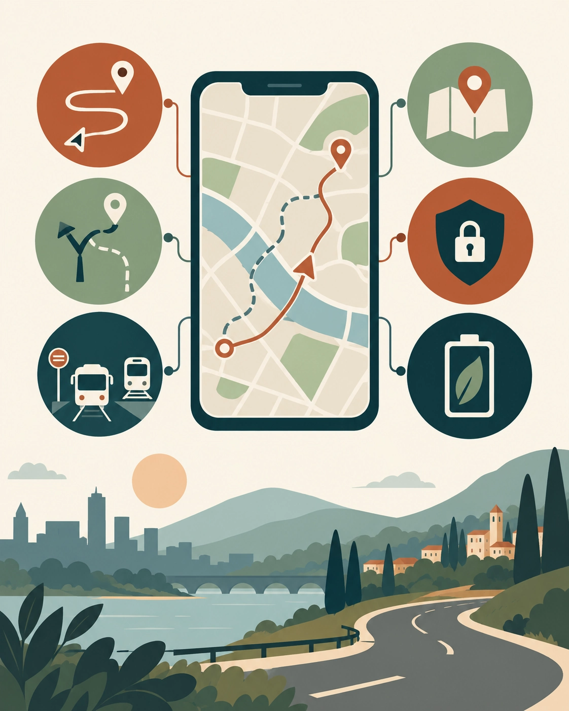 Navigation-app scorecard for routing, transit, offline maps, saved places, privacy, and battery use.
