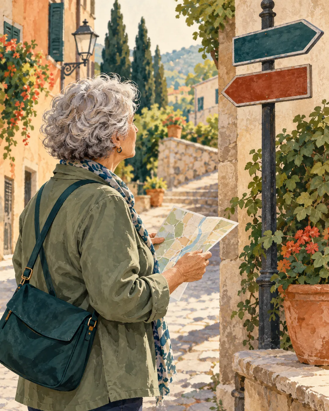 Older solo traveler comparing a traveler-oriented map with visible generic street cues before proceeding.