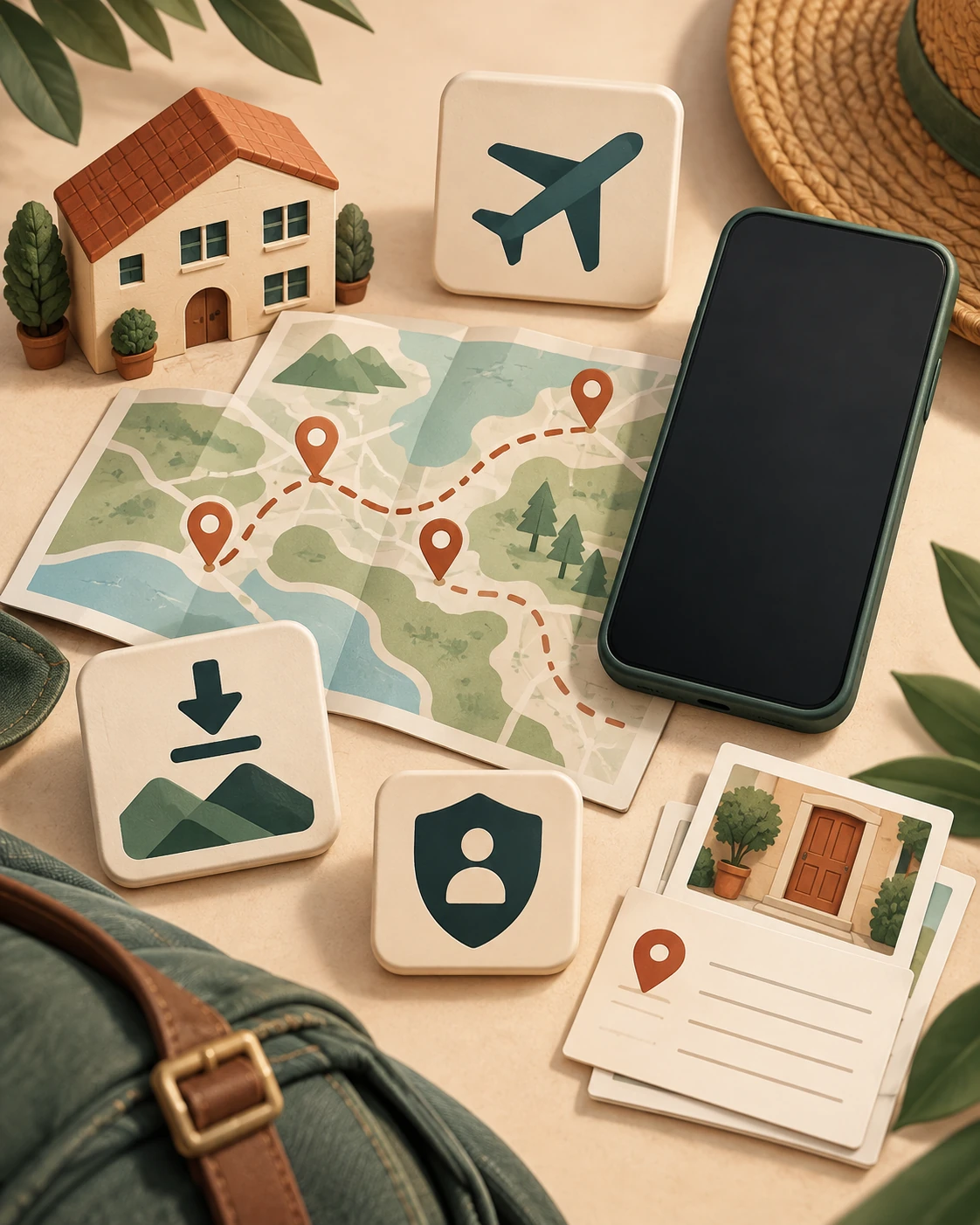 Conceptual offline map coverage boundary enclosing accommodation, arrival point, daily neighborhoods, and connecting routes.