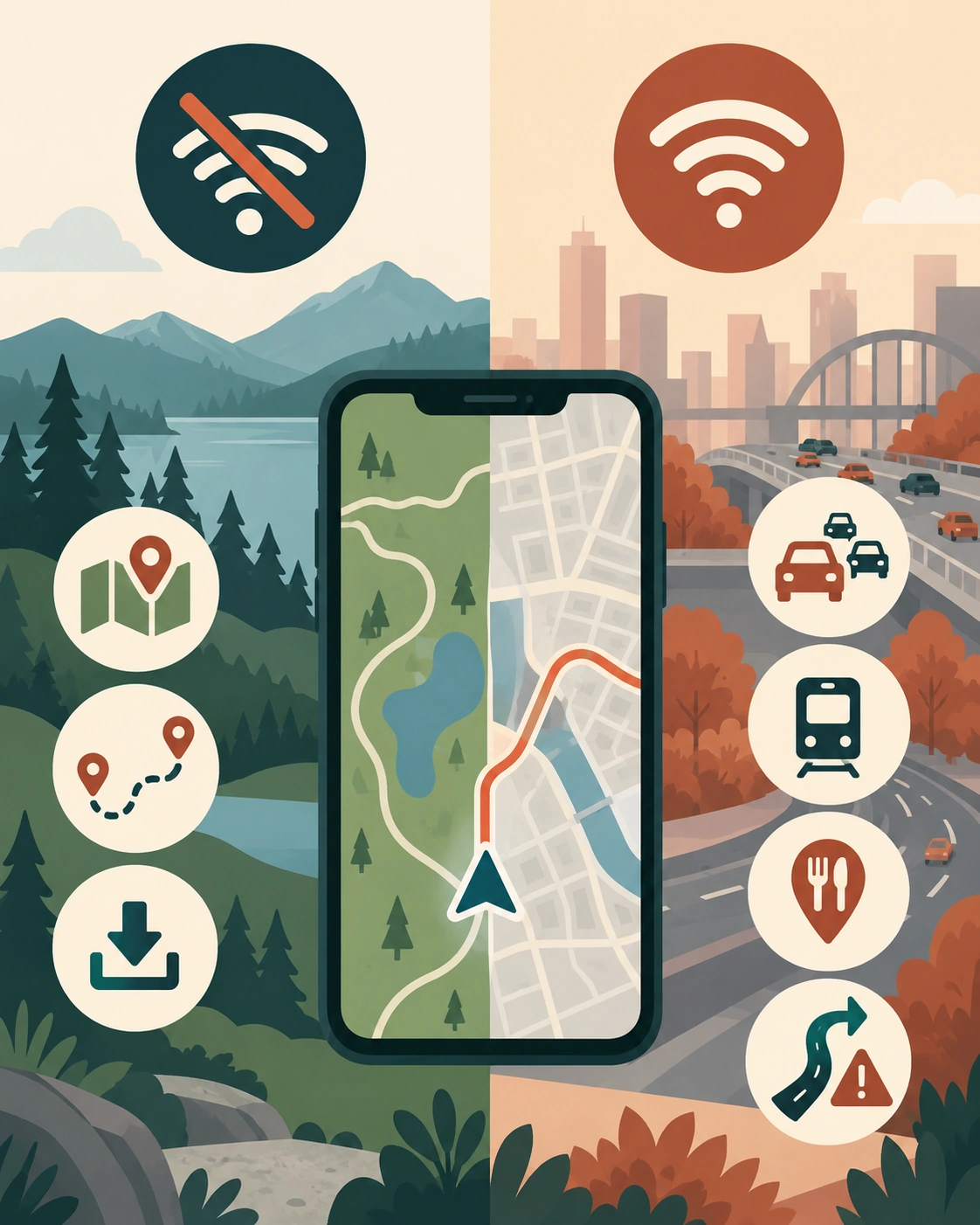 Three-panel offline map preparation progression from connected download to completion check and offline test.