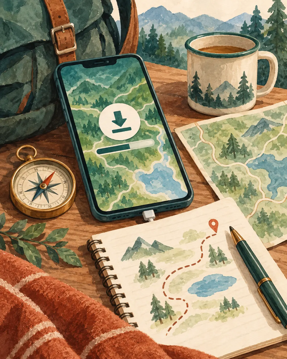 Text-free no-data navigation stack with map sleeve, address card, screenshot note, battery pack, and payment backup.