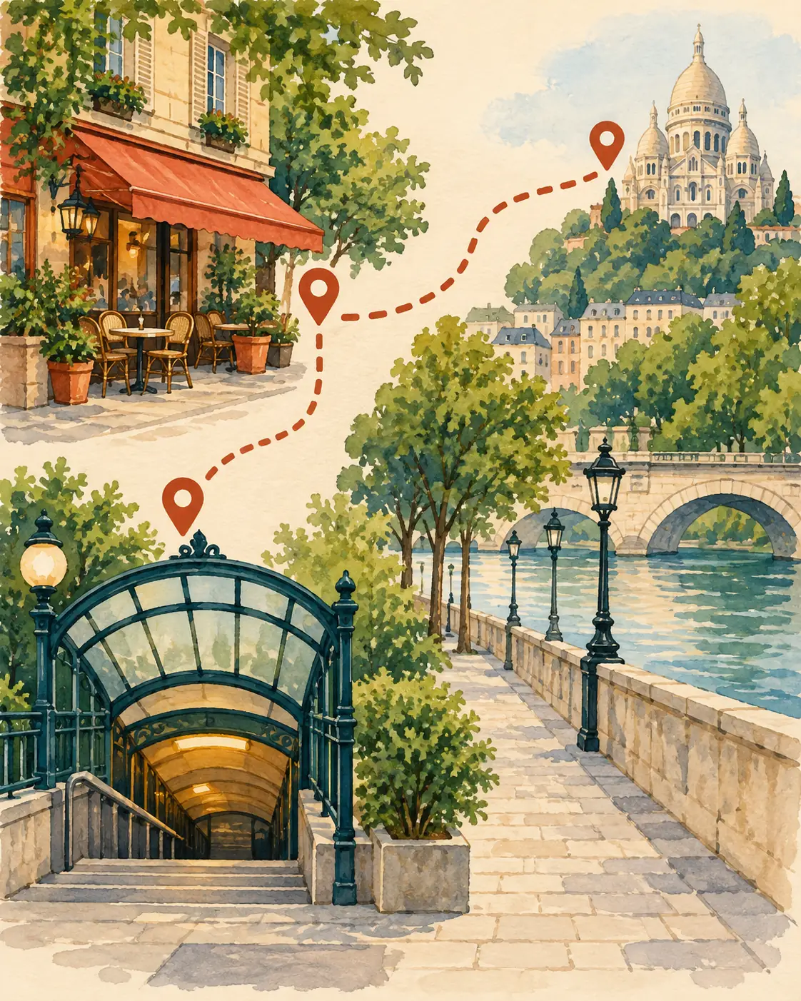 Wide editorial street scene showing generic transit, street, and landmark anchors for short verified navigation legs.