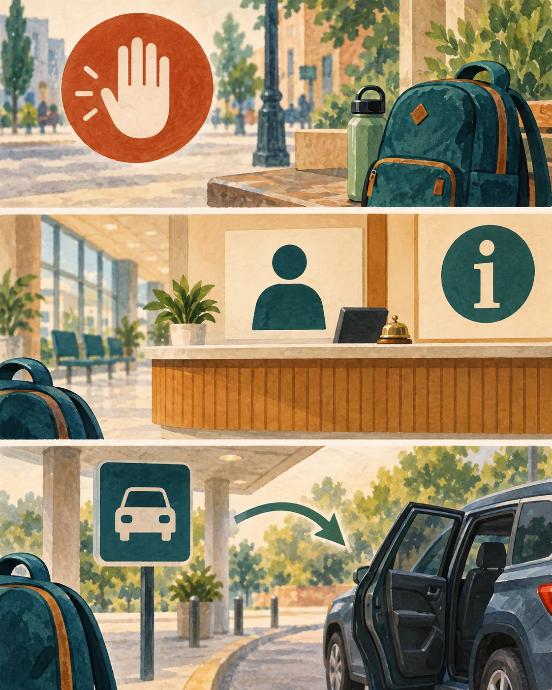 Three-panel no-data route recovery sequence from stopping to public reorientation and a verified backup option.