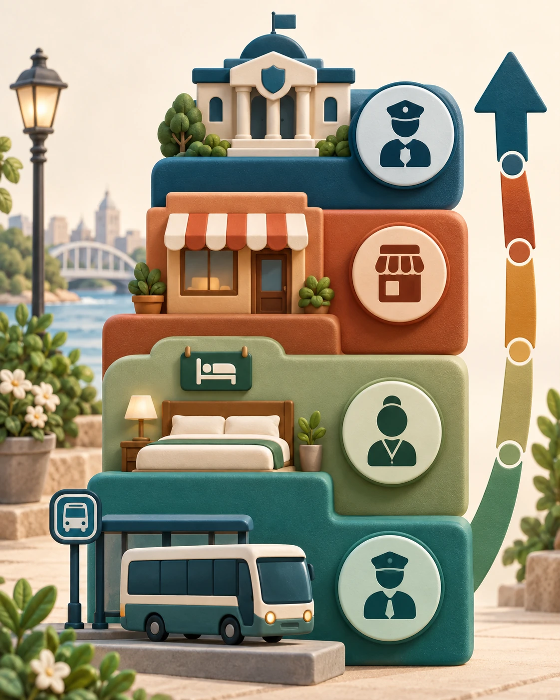 Wide editorial city scene showing a visible route toward a staffed public place rather than an uncertain side street.