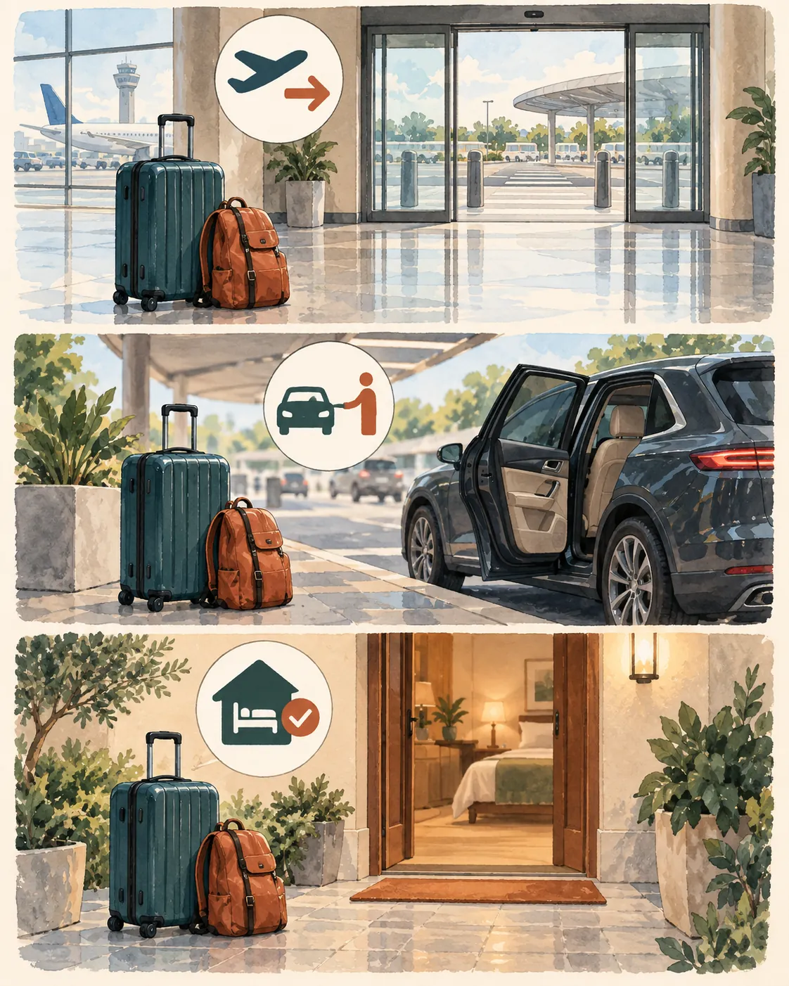 Three-panel airport arrival progression from terminal exit to a verified transport handoff.