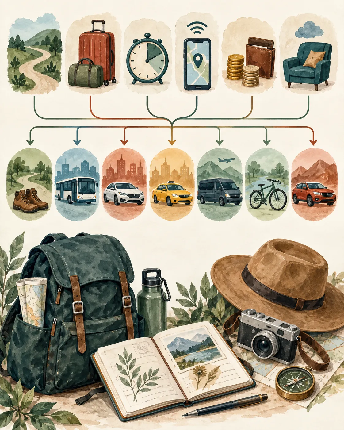 Tactile travel objects arranged around six conditions for choosing a transport mode.