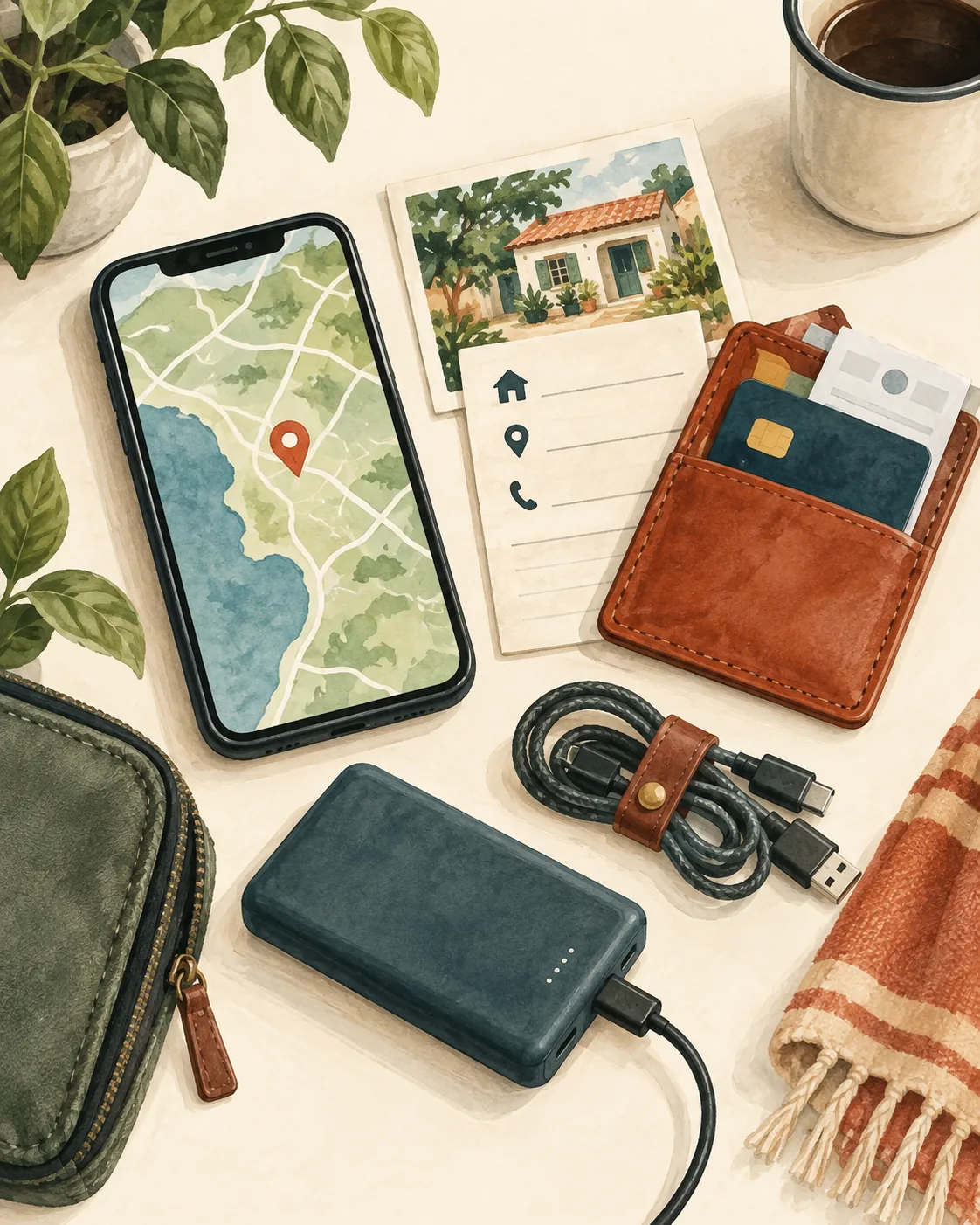 Offline navigation backup kit with map, written address card, battery pack, payment card sleeve, and screenshot note.