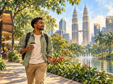 Solo traveler walks with coffee on a shaded Kuala Lumpur park path, with the Petronas Towers beyond tropical foliage.
