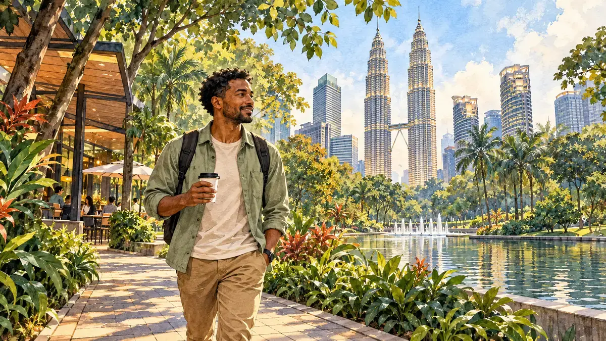 Solo traveler walks with coffee on a shaded Kuala Lumpur park path, with the Petronas Towers beyond tropical foliage.