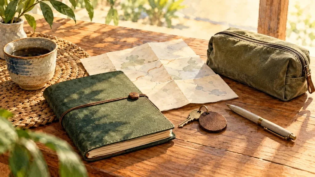 Unlabeled travel-preparation objects arranged toward a calm, workable next step for a first solo trip.