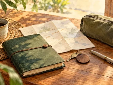 Unlabeled travel-preparation objects arranged toward a calm, workable next step for a first solo trip.
