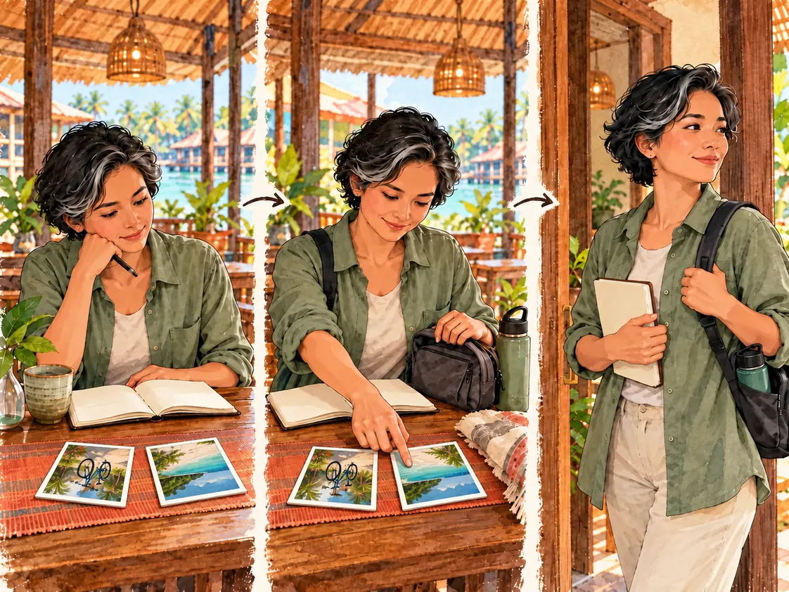 Horizontal watercolor-gouache storyboard of the same solo traveler checking current readiness, choosing one matching activity, and re-checking it before leaving.