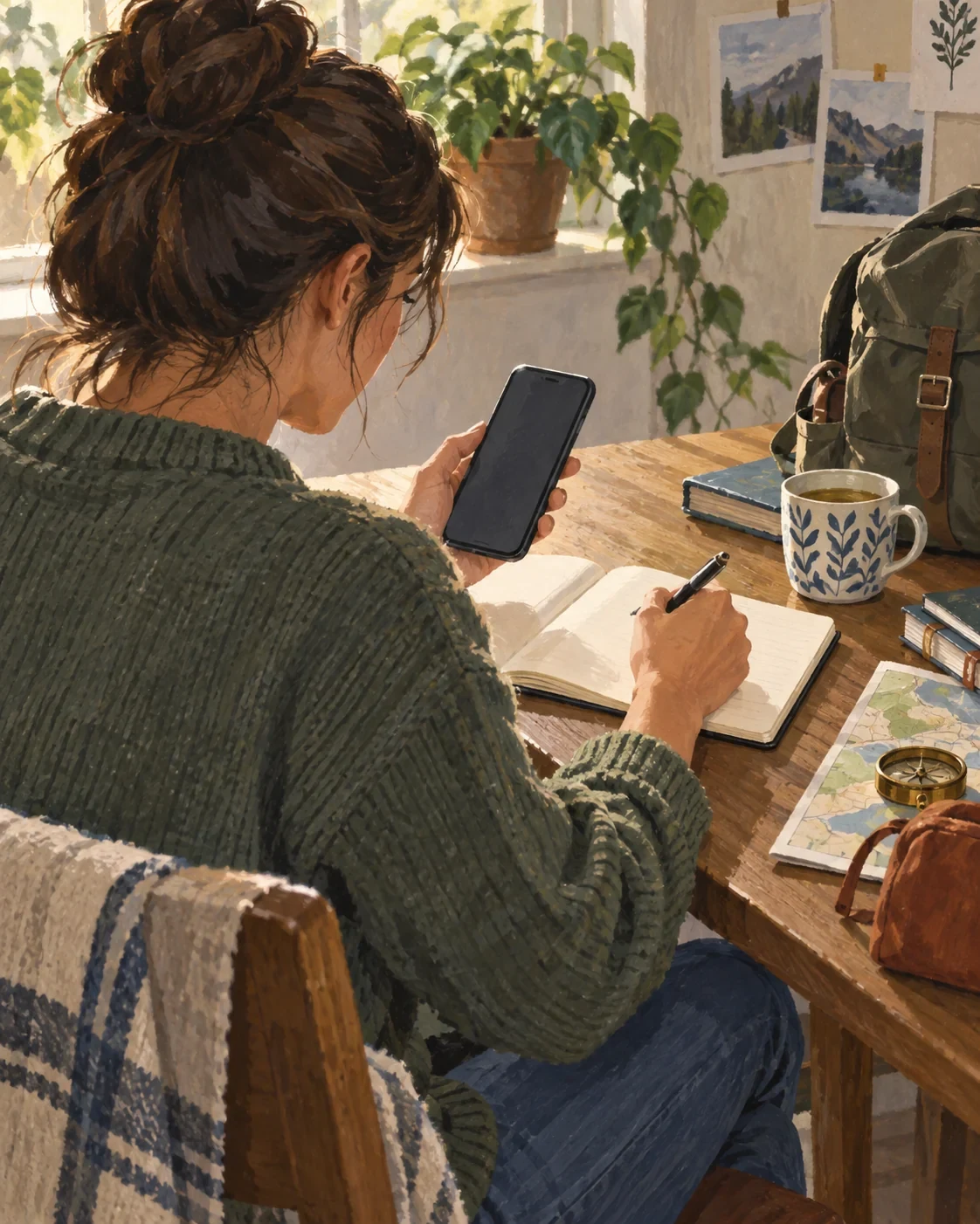 Fictional first-time solo traveler calmly preparing a remote check-in plan with a phone and notebook before departure.