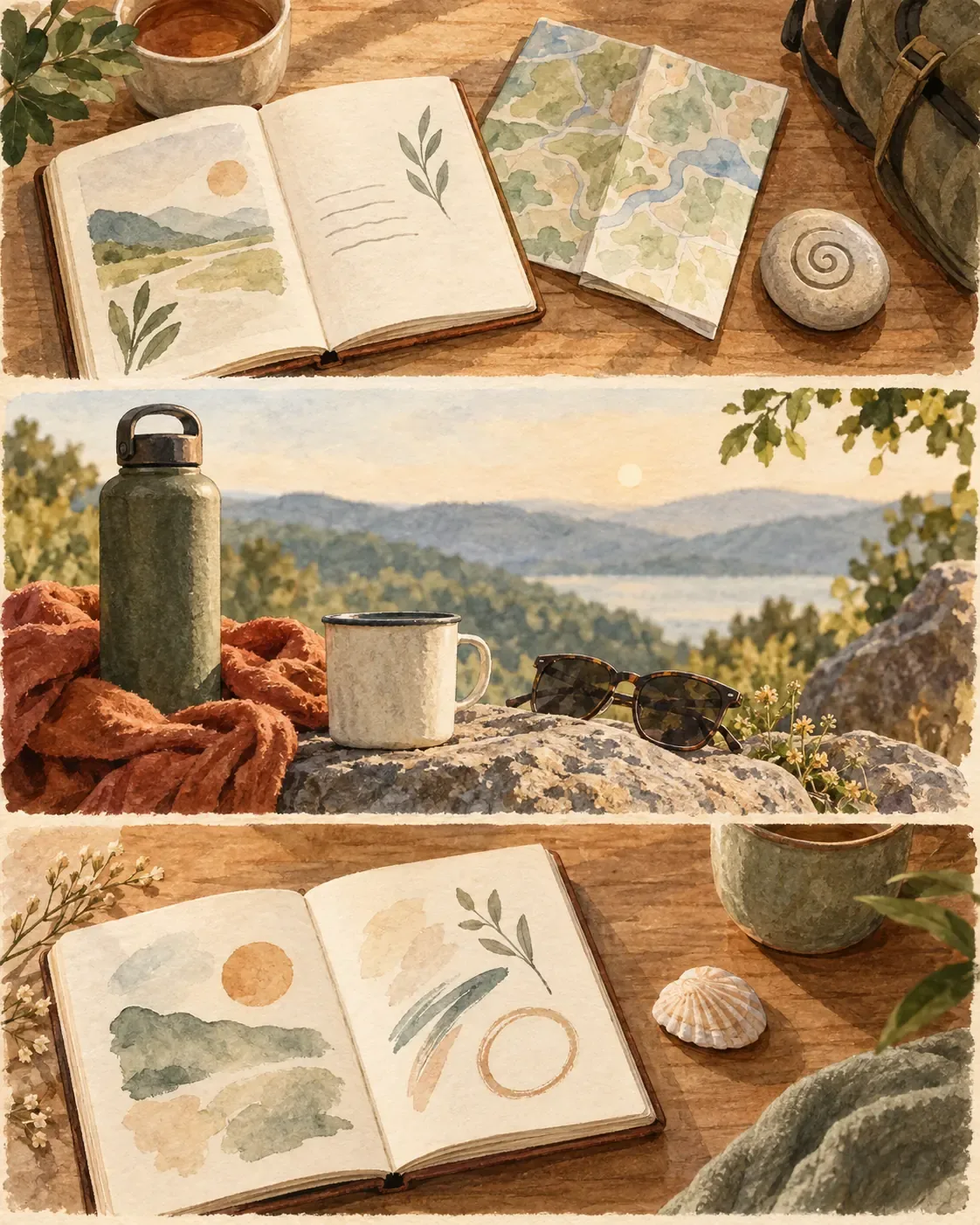 Text-free three-panel sequence showing readiness support before, during, and after a solo trip through preparation, grounding, and reflection.